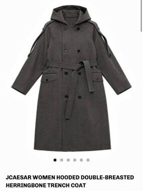 J.CAESAR Hooded Double-Breasted Herringbone Trench Coat Herringbone Trench Coat